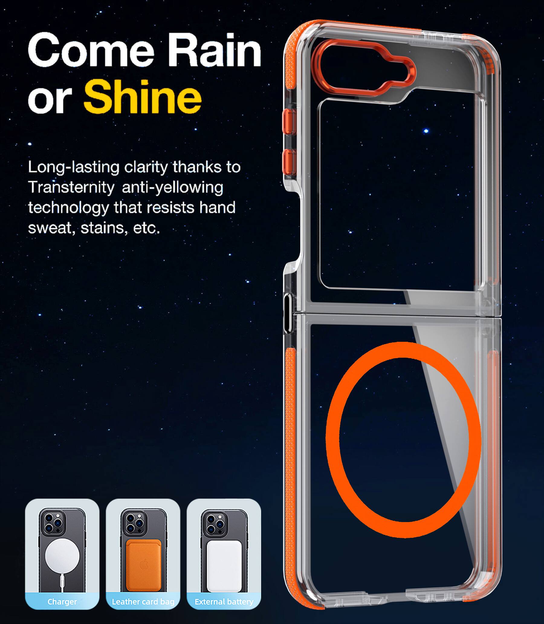 Come Rain or Shine

Long-lasting clarity thanks to Transsternity anti-yellowing technology that resists hand sweat, stains, etc.

Charger
Leather card bag
External battery