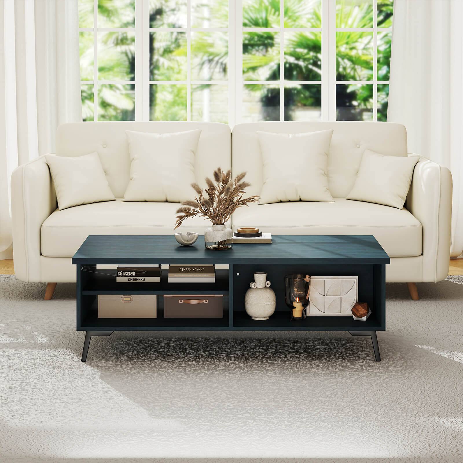 Alt View 4. Costway - Costway 2-Tier Rectangular Center Table with Storage Shelves & Compartments for Living Room - Charcoal Blue.