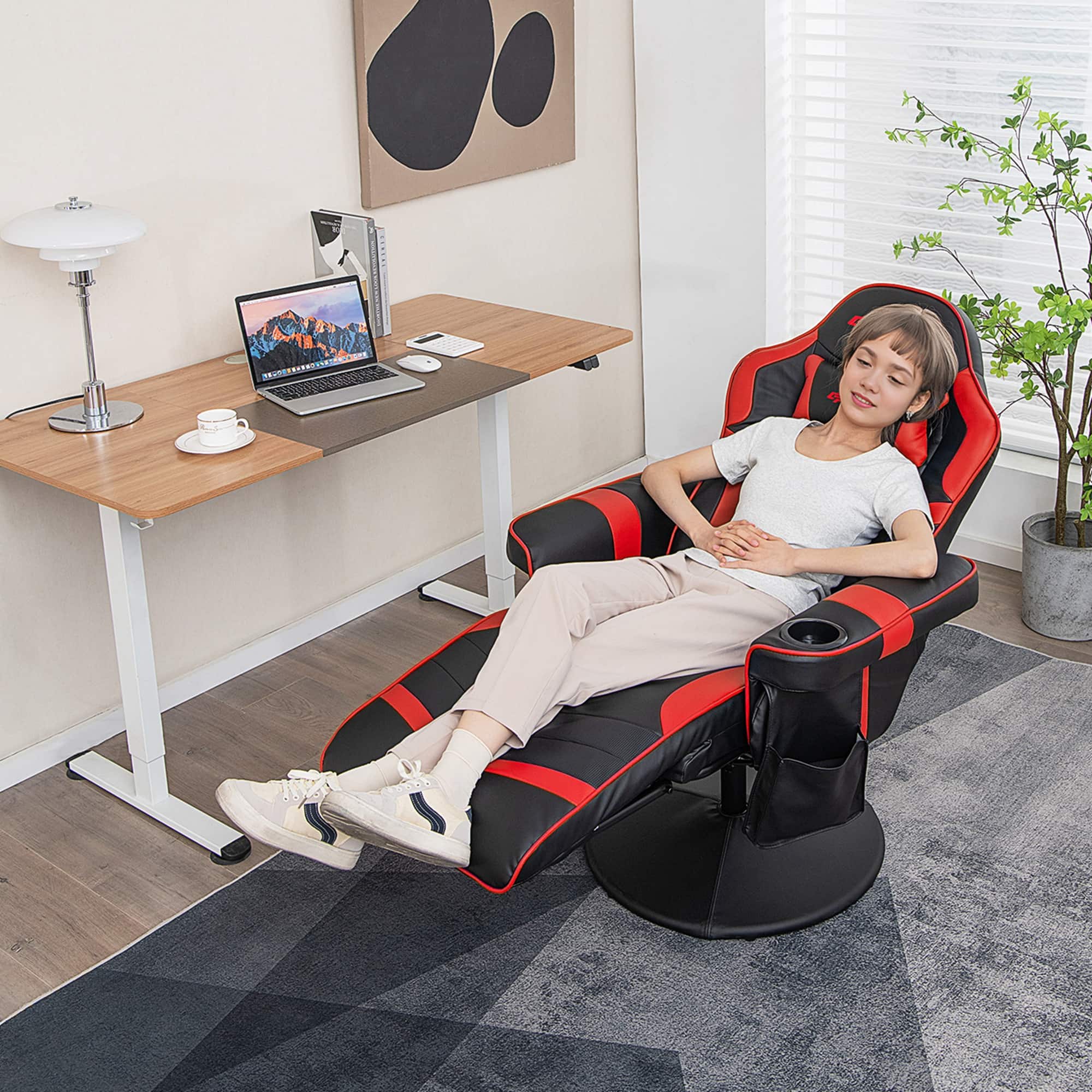 Alt View 11. Costway - Massage Swivel Gaming Chair with Recline - Red + Black.