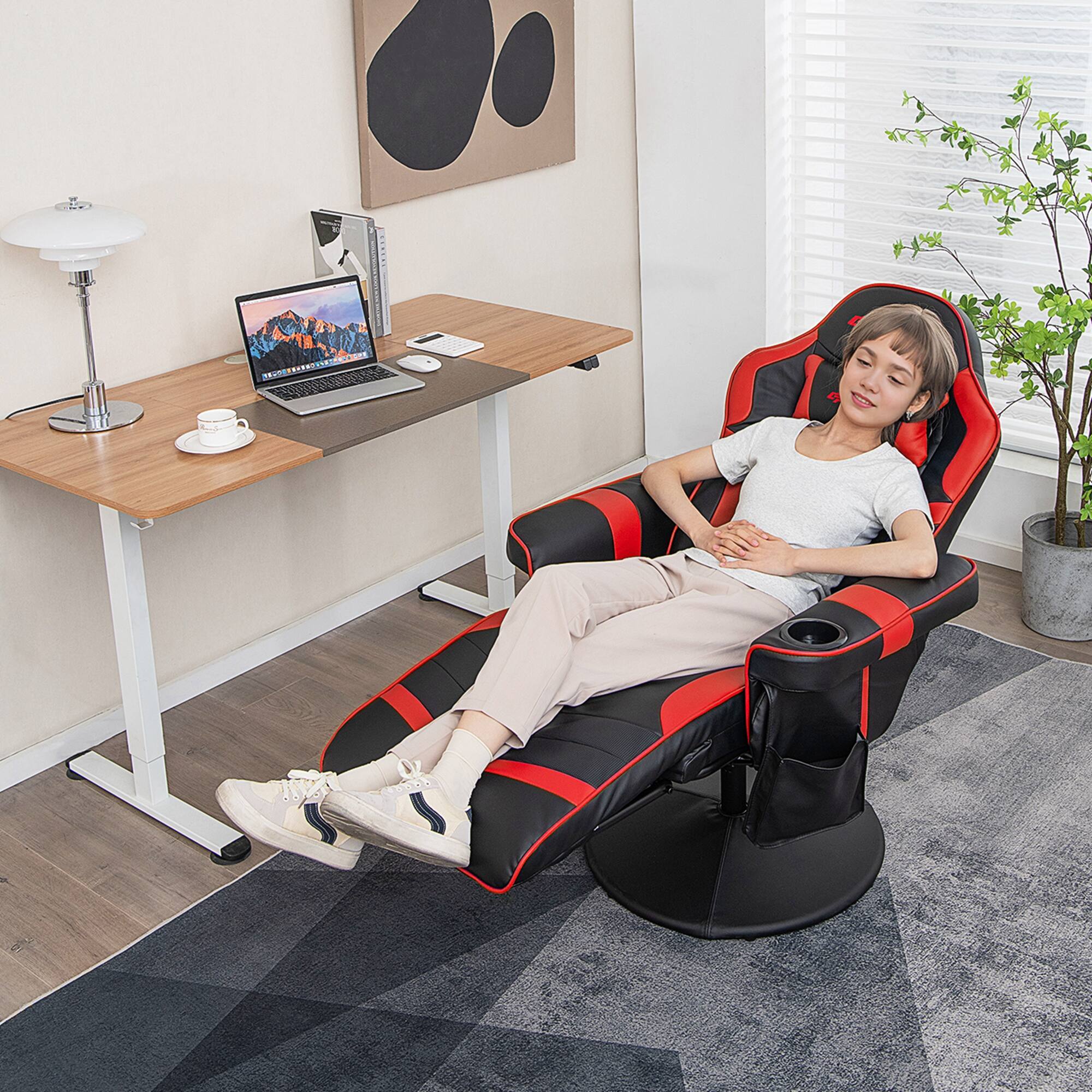 Alt View 11. Costway - Massage Swivel Gaming Chair with Recline - Red + Black.