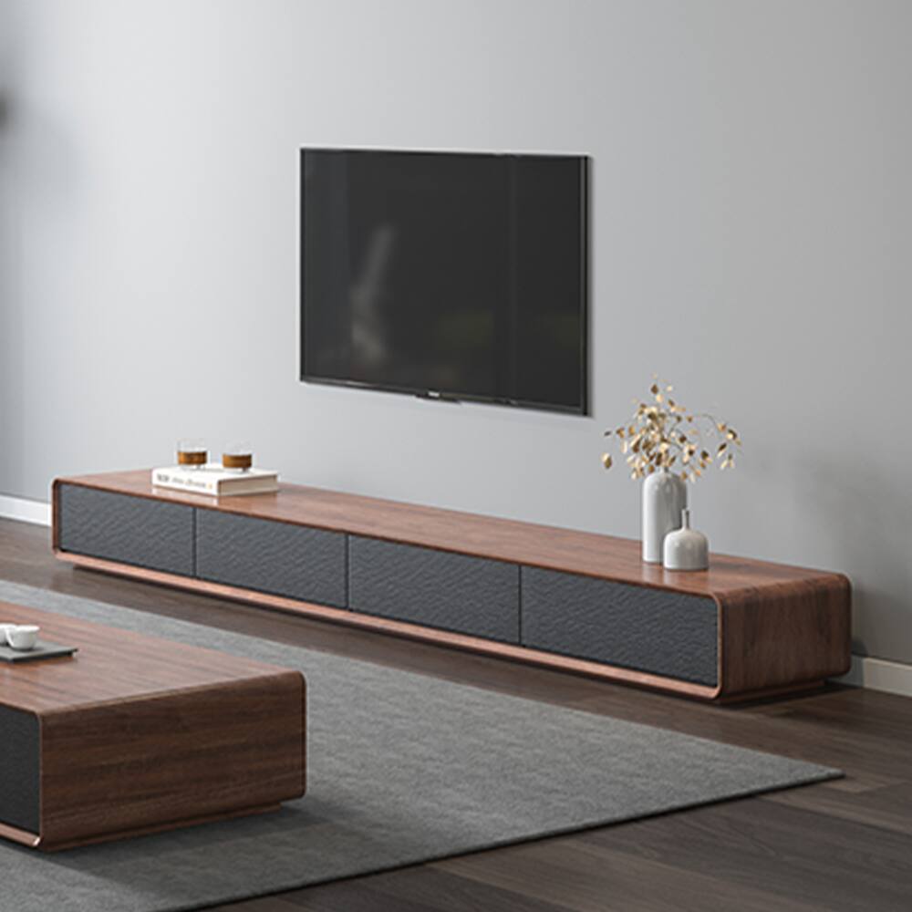 Left. POVISON - 78.74" Fully-Assembled Modern Wood Black TV Stand, Rectangular Media Console with 4 Drawers - Dark Wood & Black.