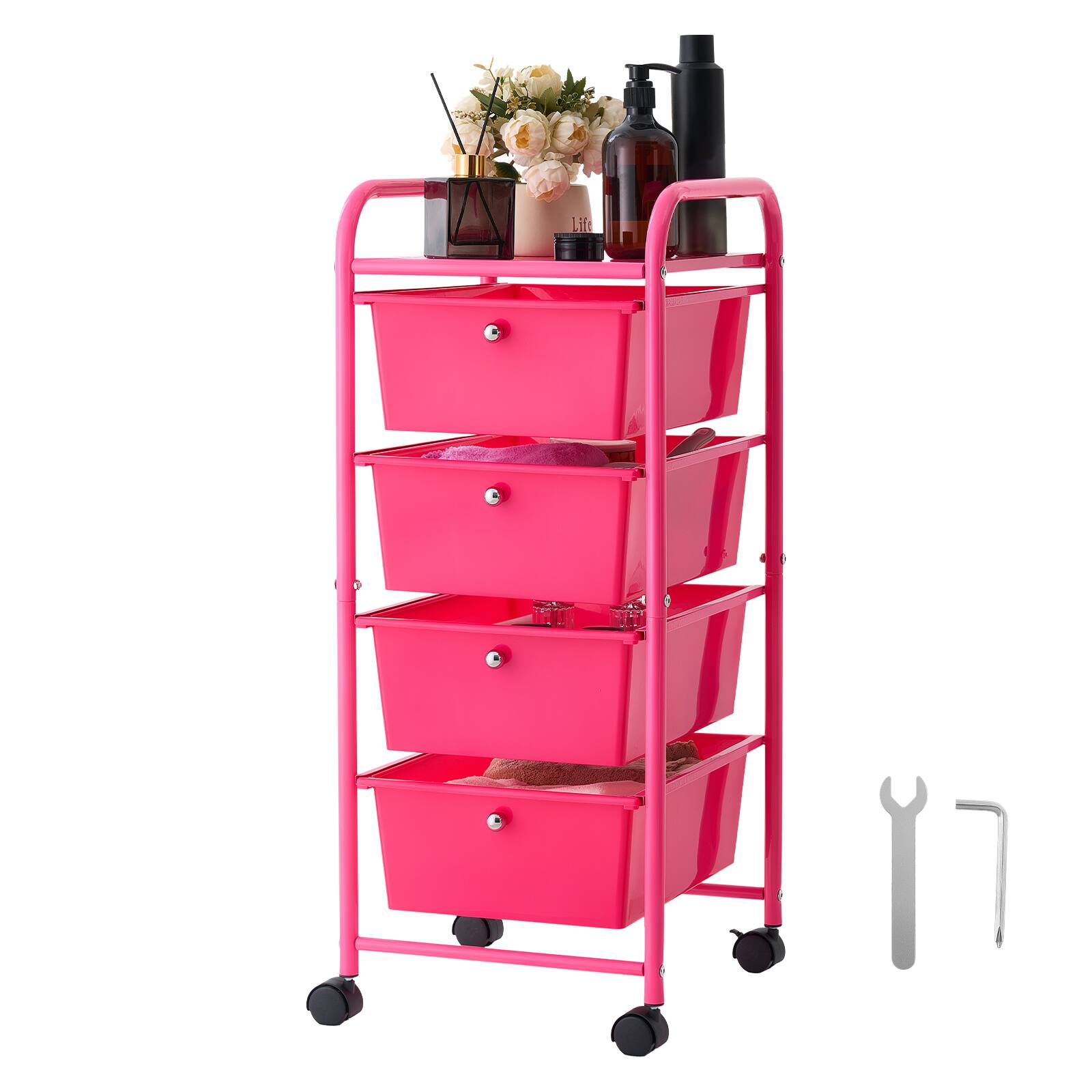 Alt View 5. VEVOR - Rolling Cart with Drawers,4 Drawer Storage Organizer, Mobile Utility Cart with Steel Frame, Universal Casters & 2 Brakes - Red.