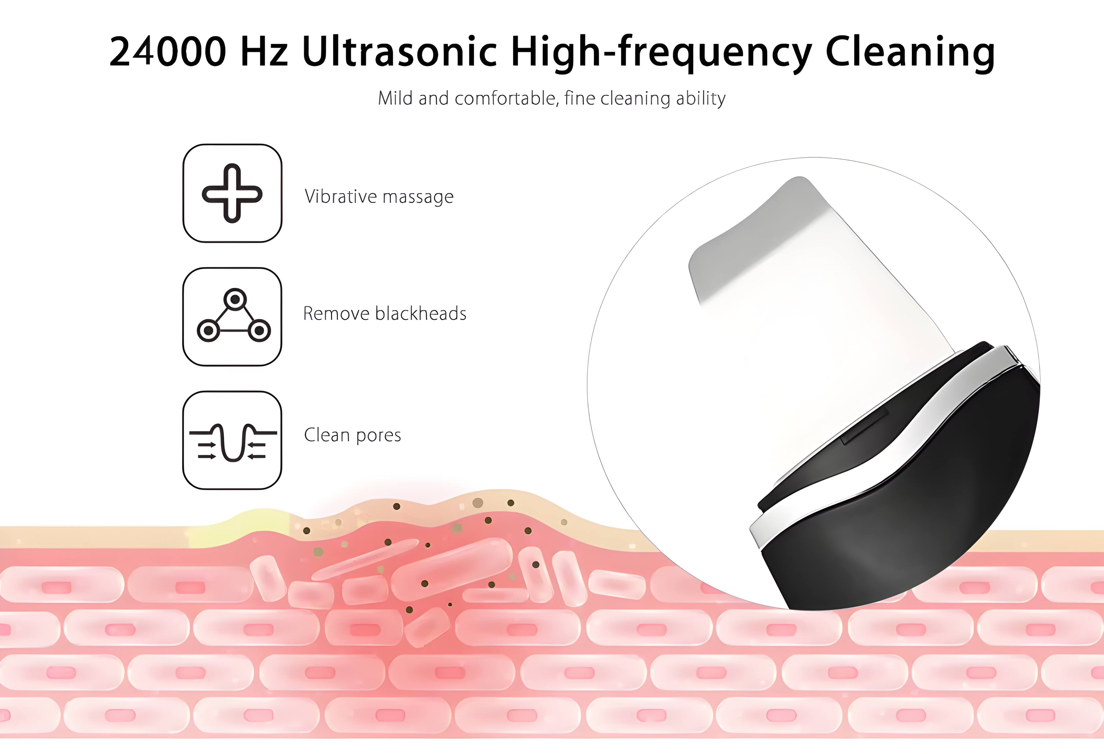 24000 Hz Ultrasonic High-frequency Cleaning  
Mild and comfortable, fine cleaning ability  
+ Vibrative massage  
Remove blackheads  
Clean pores