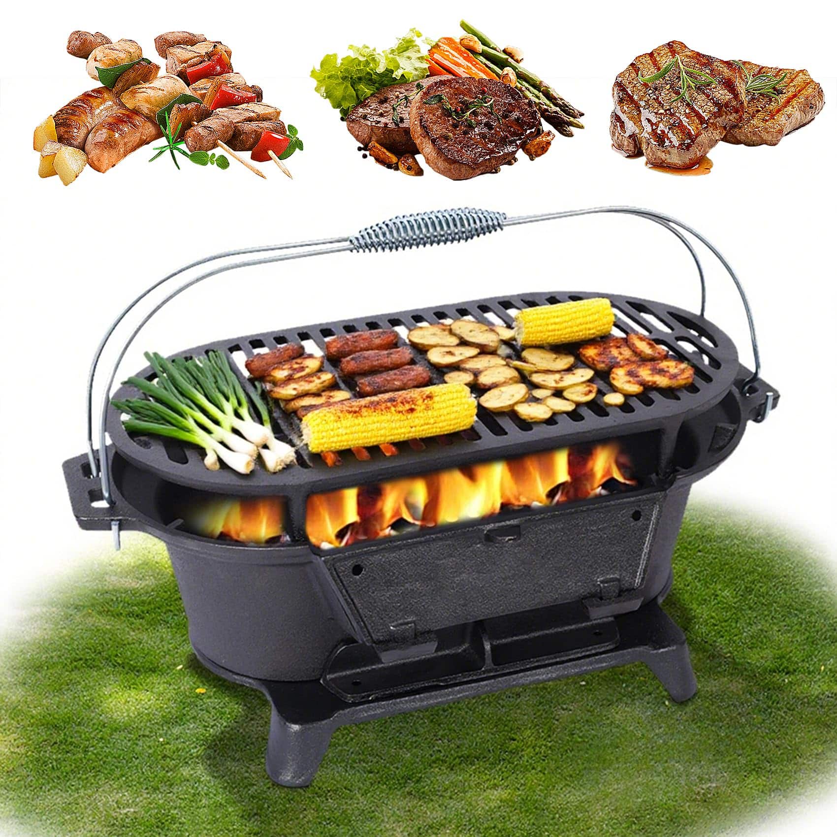 Ecooso Oval Cast Iron Charcoal Grill, Portable Tabletop Grill