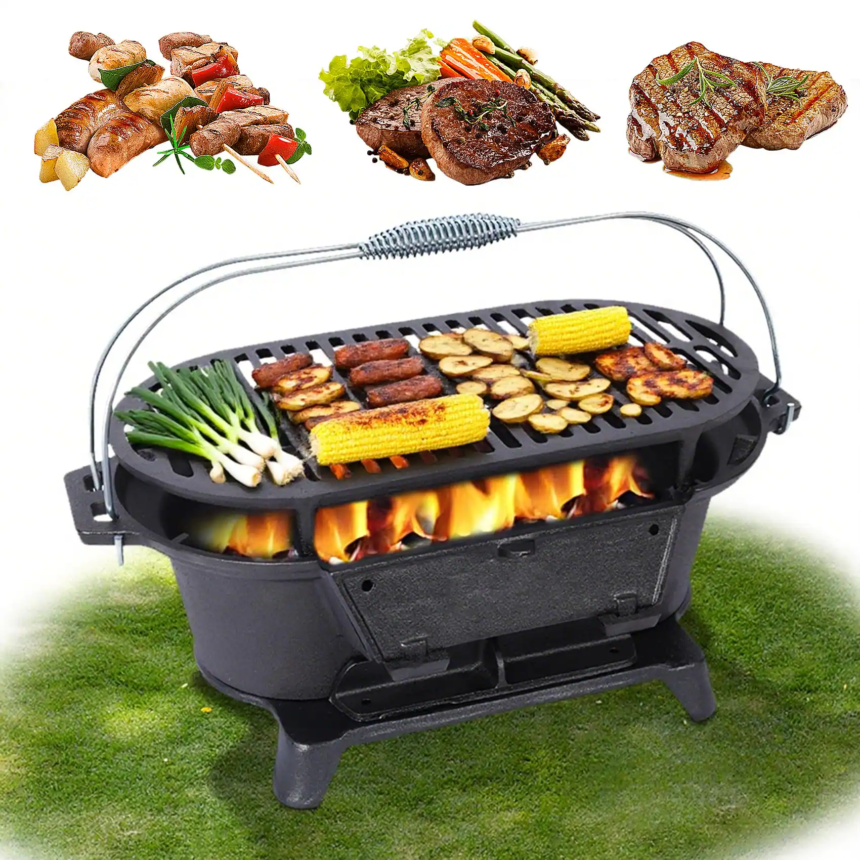 Ecooso - Oval Cast Iron Charcoal Grill, Portable Tabletop Grill & Skillet, Durable Hibachi Grill for Camping & Outdoor Cooking - Black