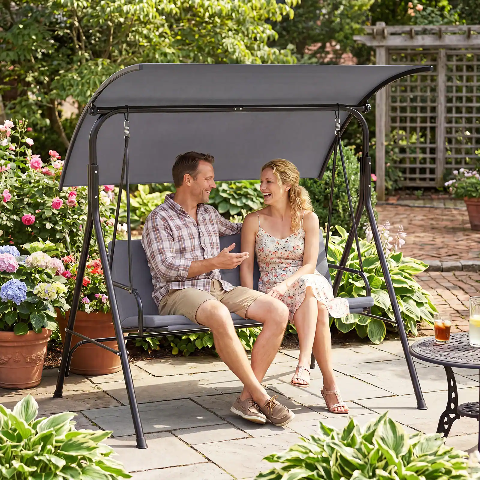 Alt View 4. Costway - Costway Swing Chair with Adjustable Canopy,Swing with Removable Cushion&Heavy-duty Metal Stand - Gray.