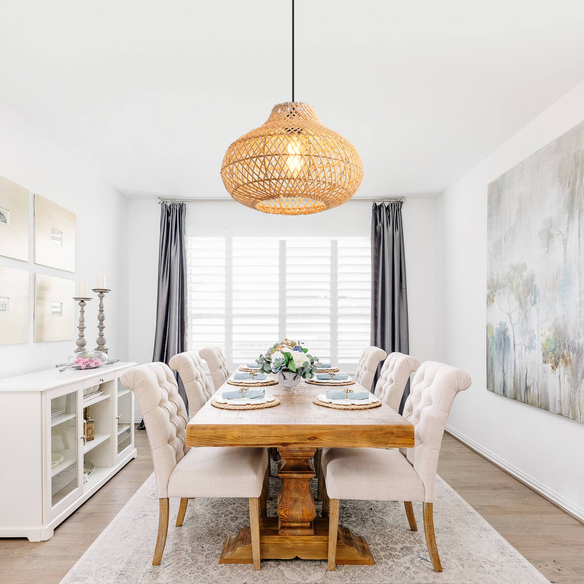 Back. Parrot Uncle - 1-Light Boho Brown Rattan Hand-Woven Cloche Hanging Basket Pendant Light - Brown.