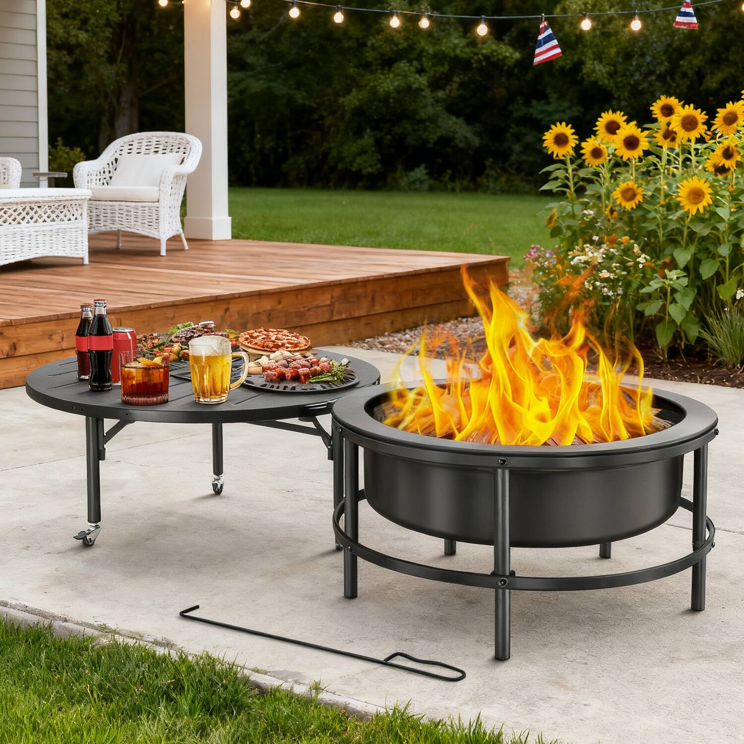 Angle. TMWINGS - 52" Fire Pits for Outside Wood Burning, Round Outdoor Fire Pit with Rotating Table, BBQ Grill, Poker & Waterproof Cover.