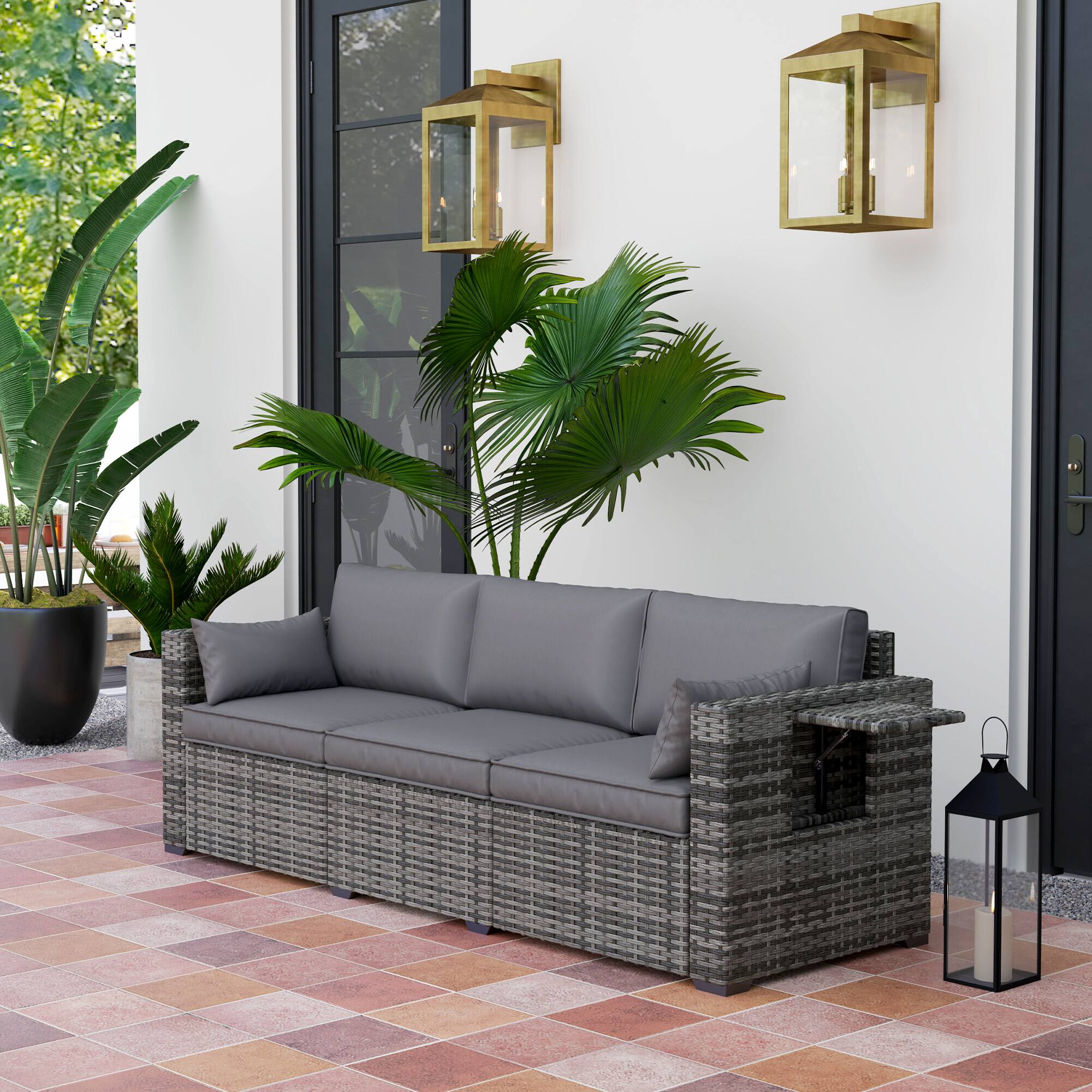 Alt View 1. Outsunny - 3 Seater Wicker Sofa with Side Tray Tables, Rattan Outdoor Patio Sofa with 6" Thick Back Cushions, Outdoor Wicker Couch - Mixed Gray.