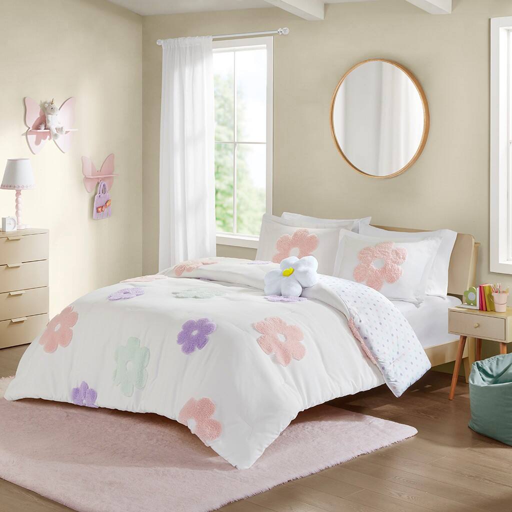 Alt View 1. Gracie Mills - Gracie Mills Eubert Colorful Floral Reversible Chenille Comforter Set with Flower Throw Pillow - White/Purple.