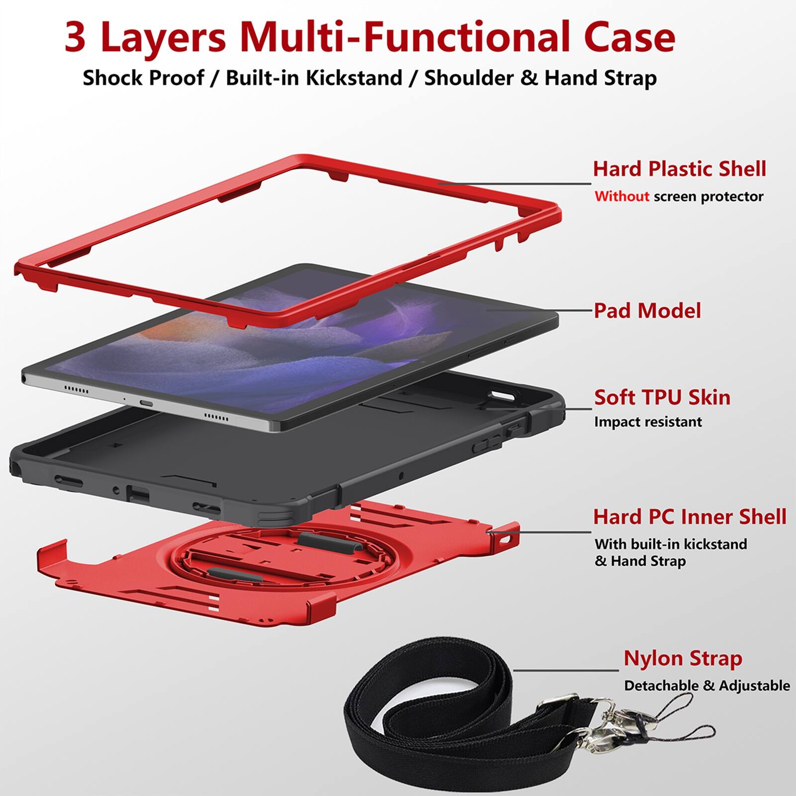 3 Layers Multi-Functional Case  
Shock Proof / Built-in Kickstand / Shoulder & Hand Strap  

Hard Plastic Shell  
Without screen protector  

Pad Model  

Soft TPU Skin  
Impact resistant  

Hard PC Inner Shell  
With built-in kickstand & Hand Strap  

Nylon Strap  
Detachable & Adjustable