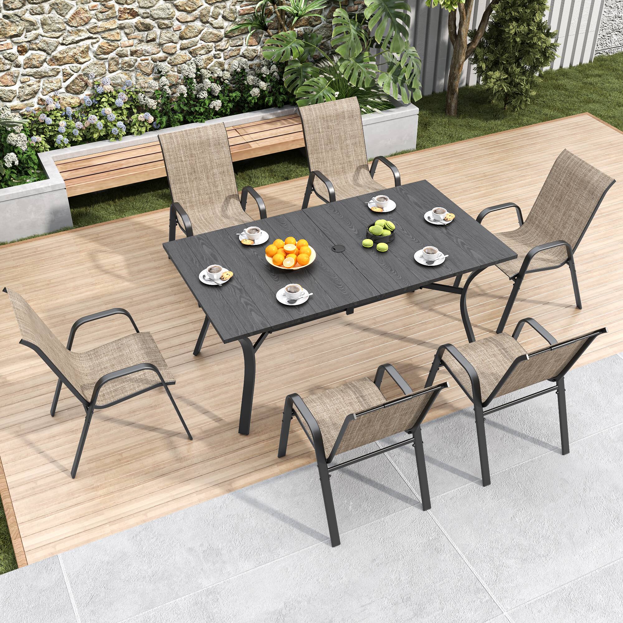 Back. Mondawe - 6-Piece Outdoor Dining Chairs Set, Teslin Fabric and Metal Frame - Blacky+Brown.