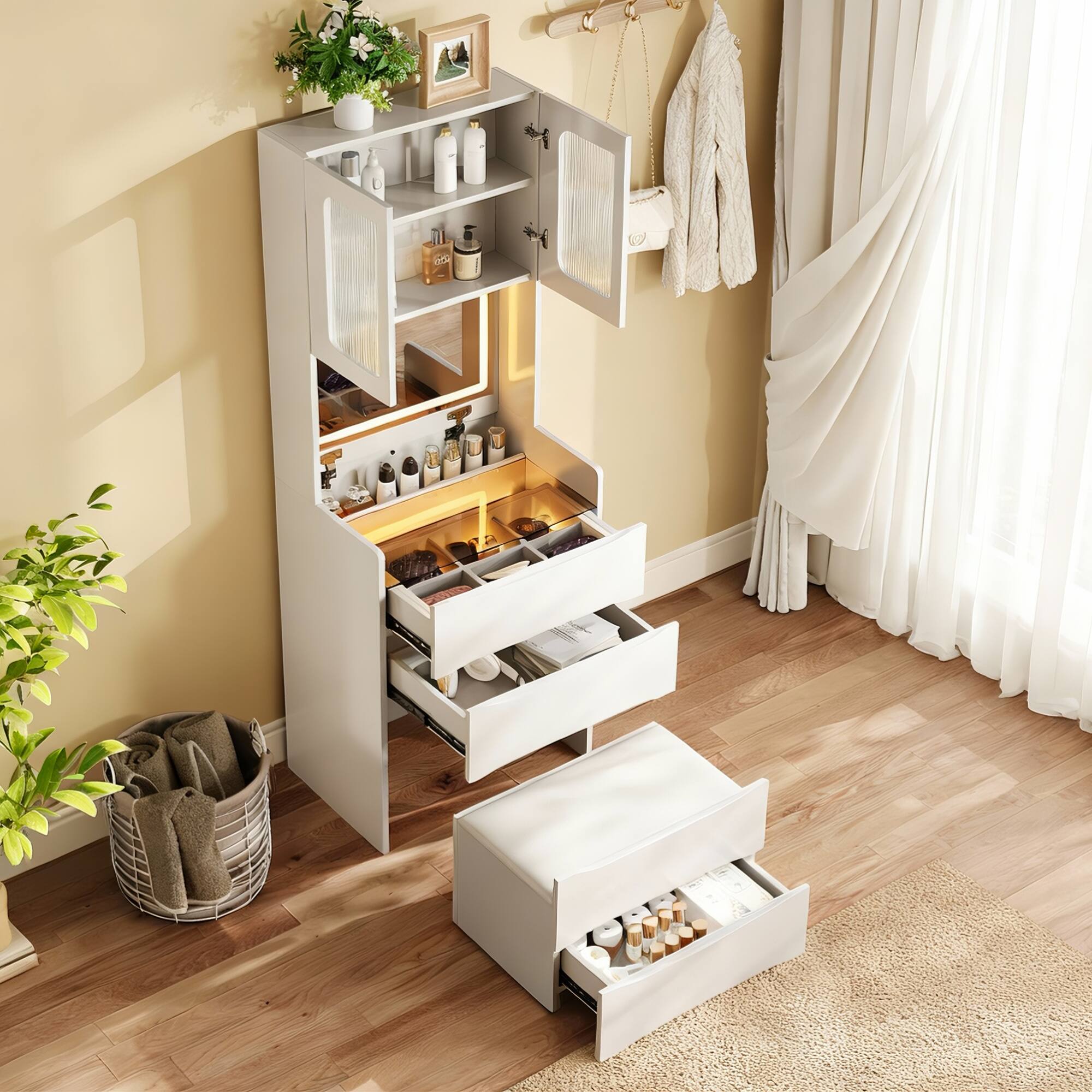 Alt View 4. GOODSILO - Versatile 3-in-1 Vanity Table with LED Mirror and Storage Stool Makeup Dressing Organizer Furniture - White.