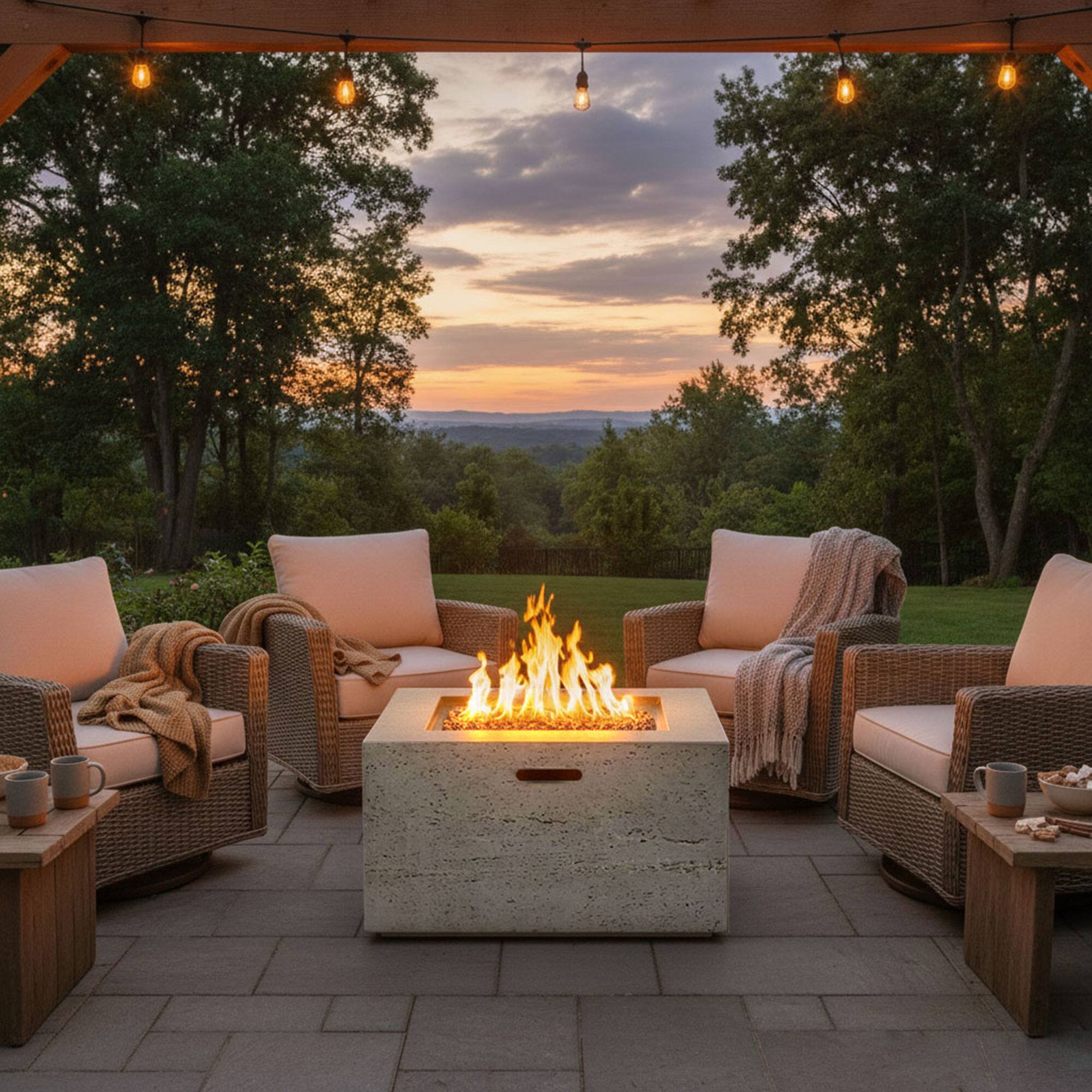 Angle. Whisen - Outdoor 24" Square MGO Propane Fire Pit Table Set with Tank Cover, 40,000 BTU Patio Heater - Light Gray| Gray.