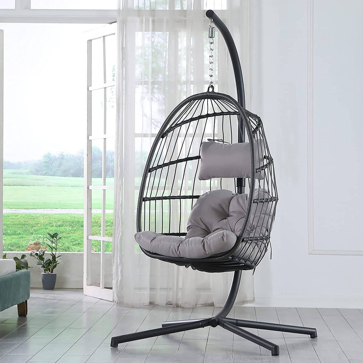 Angle. Hivvago - Grey Indoor/Outdoor Wicker Rattan Aluminum Frame Swing Egg Chair Hammock - Grey.