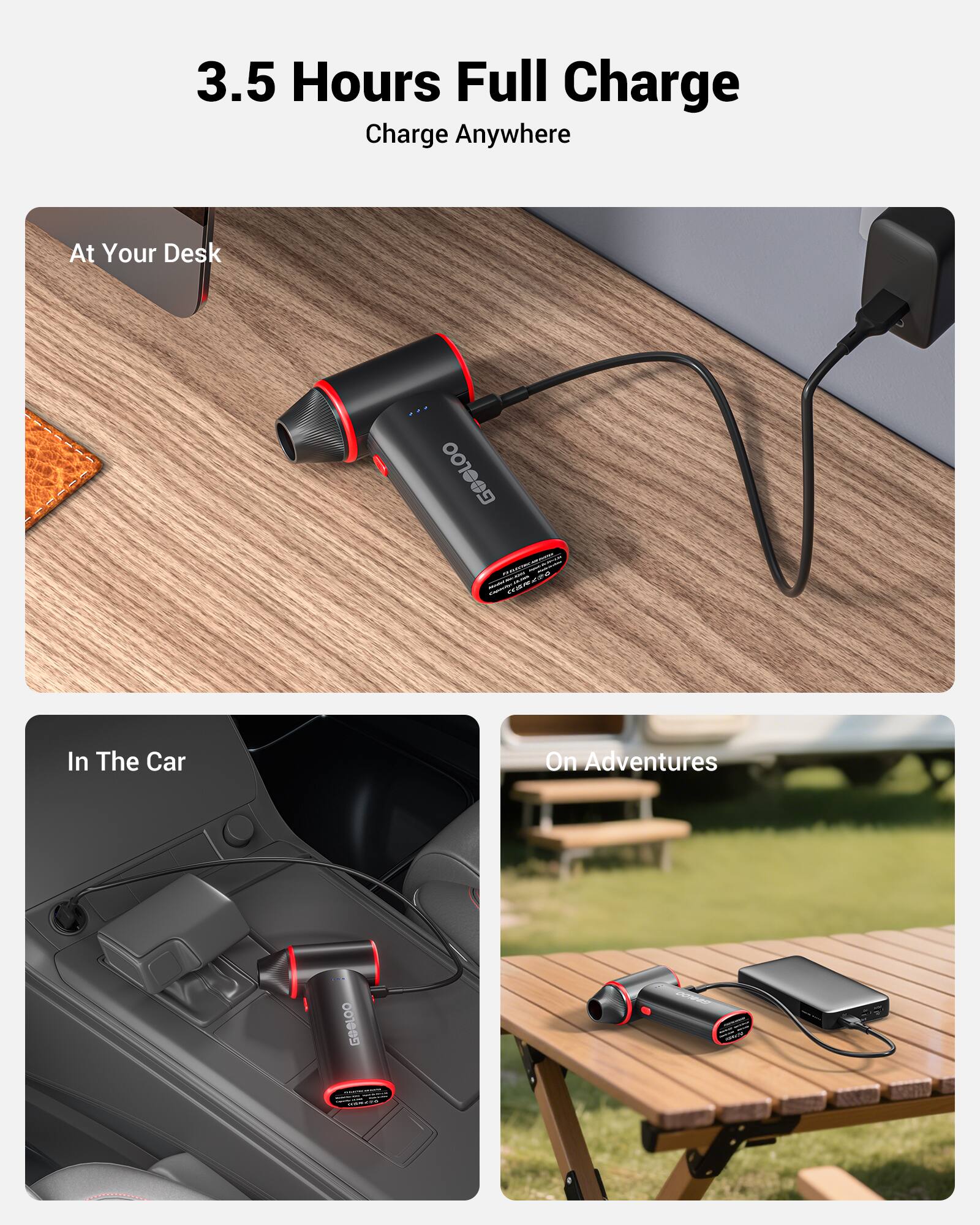 3.5 Hours Full Charge  
Charge Anywhere  

At Your Desk  
In The Car  
On Adventures