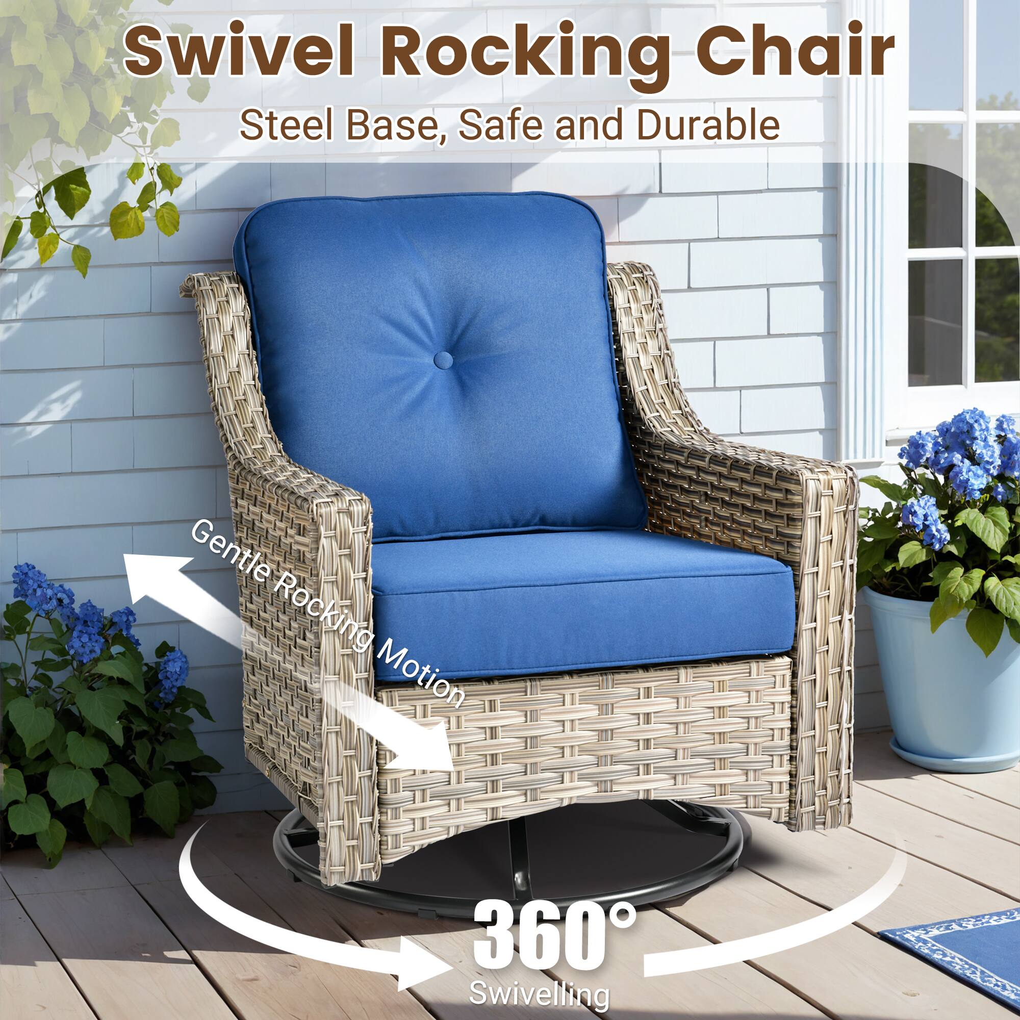 Swivel Rocking Chair  
Steel Base, Safe and Durable  

Gentle Rocking Motion  

360° Swiveling