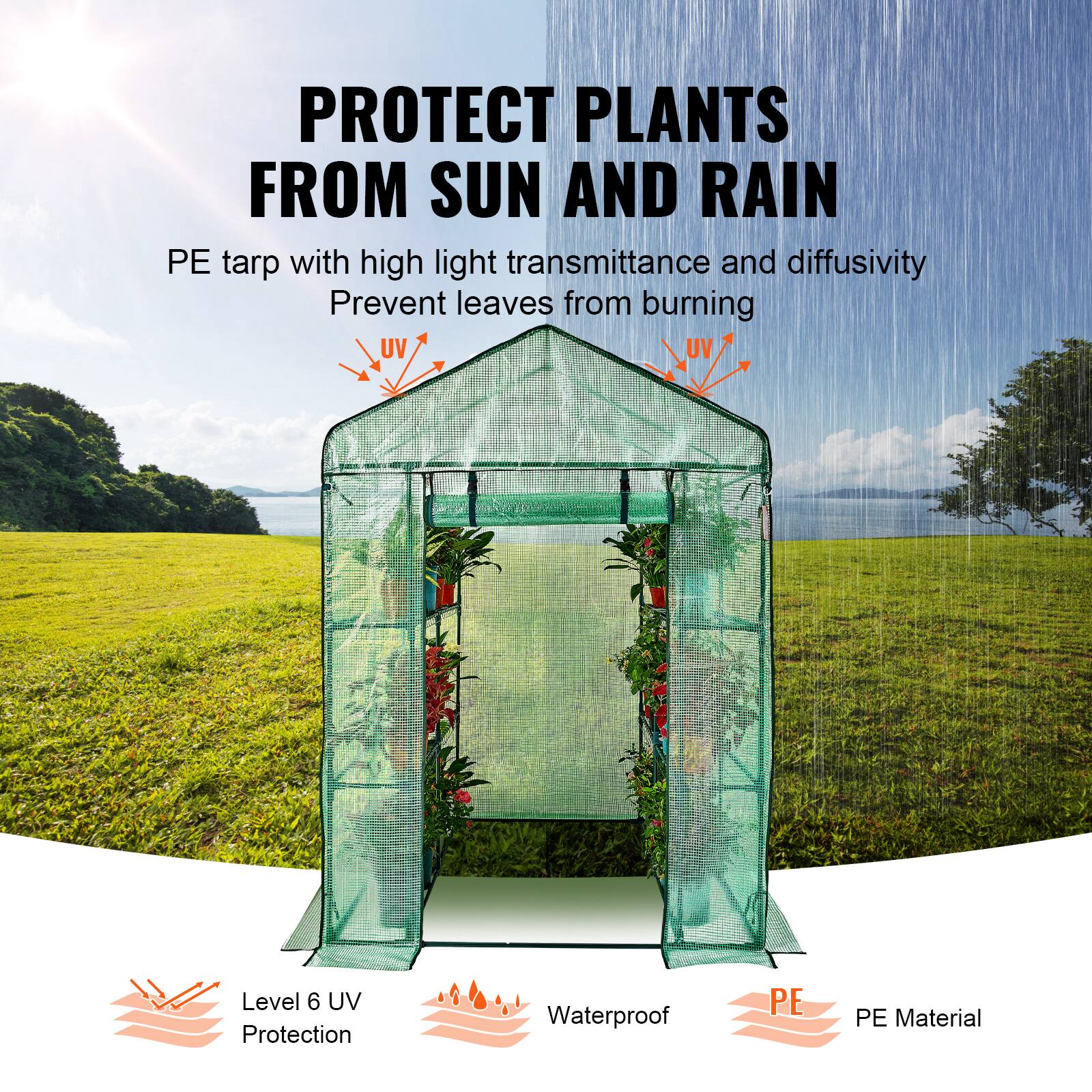 PROTECT PLANTS FROM SUN AND RAIN
PE tarp with high light transmittance and diffusivity
Prevent leaves from burning
UV
UV
Level 6 UV Protection
Waterproof
PE
PE Material