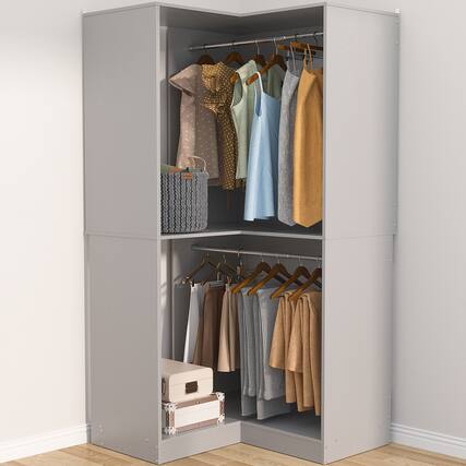 Front. Aheaplus - Corner Closet System, 32 Inch Wide Corner Unit with 2 Hanging Rods and Shelves, 3-Tier - Gray.