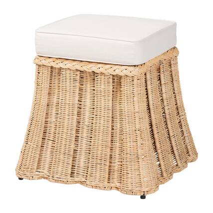 Front. bali & pari - Rotem Natural Rattan Ottoman with Cushion - Handwoven Wicker Pleated Skirt Accent Coffee Table, Small - Natural Brown.