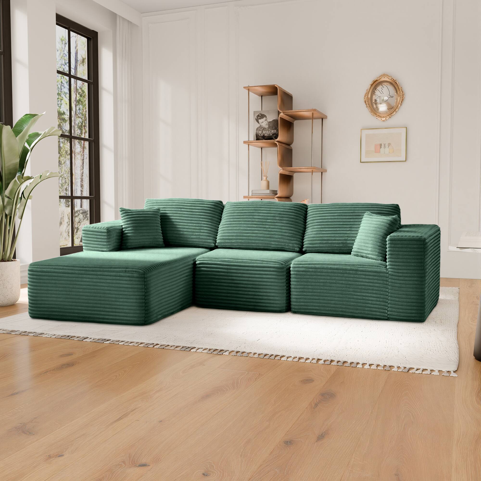 Alt View 1. PexFix - 104" Wide Ribbed Velvet L-Shaped Sectional Sofa, Modular Couch with Chaise and Comfort Foam - Green.