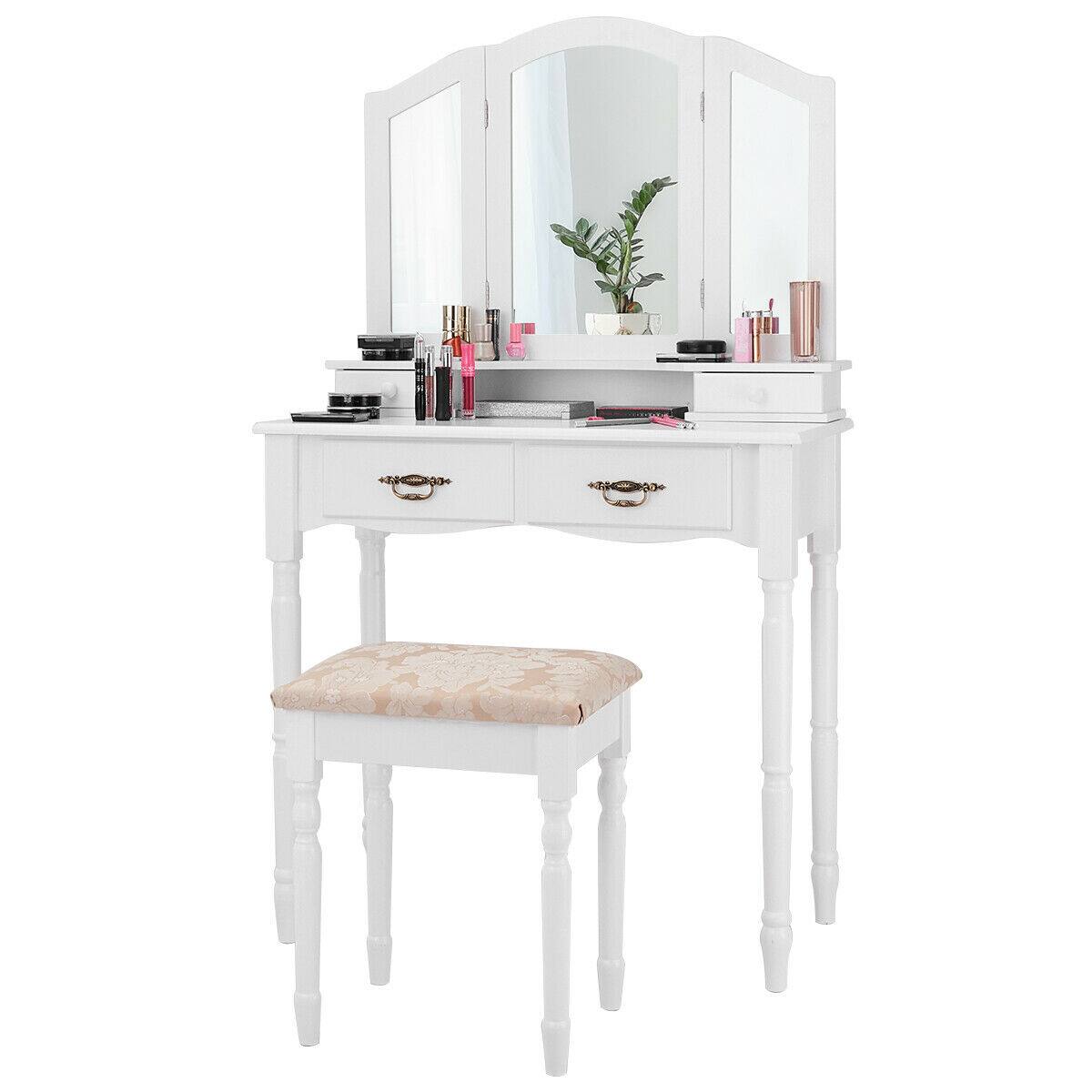 Ecooso - Simple Vanity Table with Tri-Folding Mirror, Compact Drawers and Top Storage Shelf for Daily Makeup - White