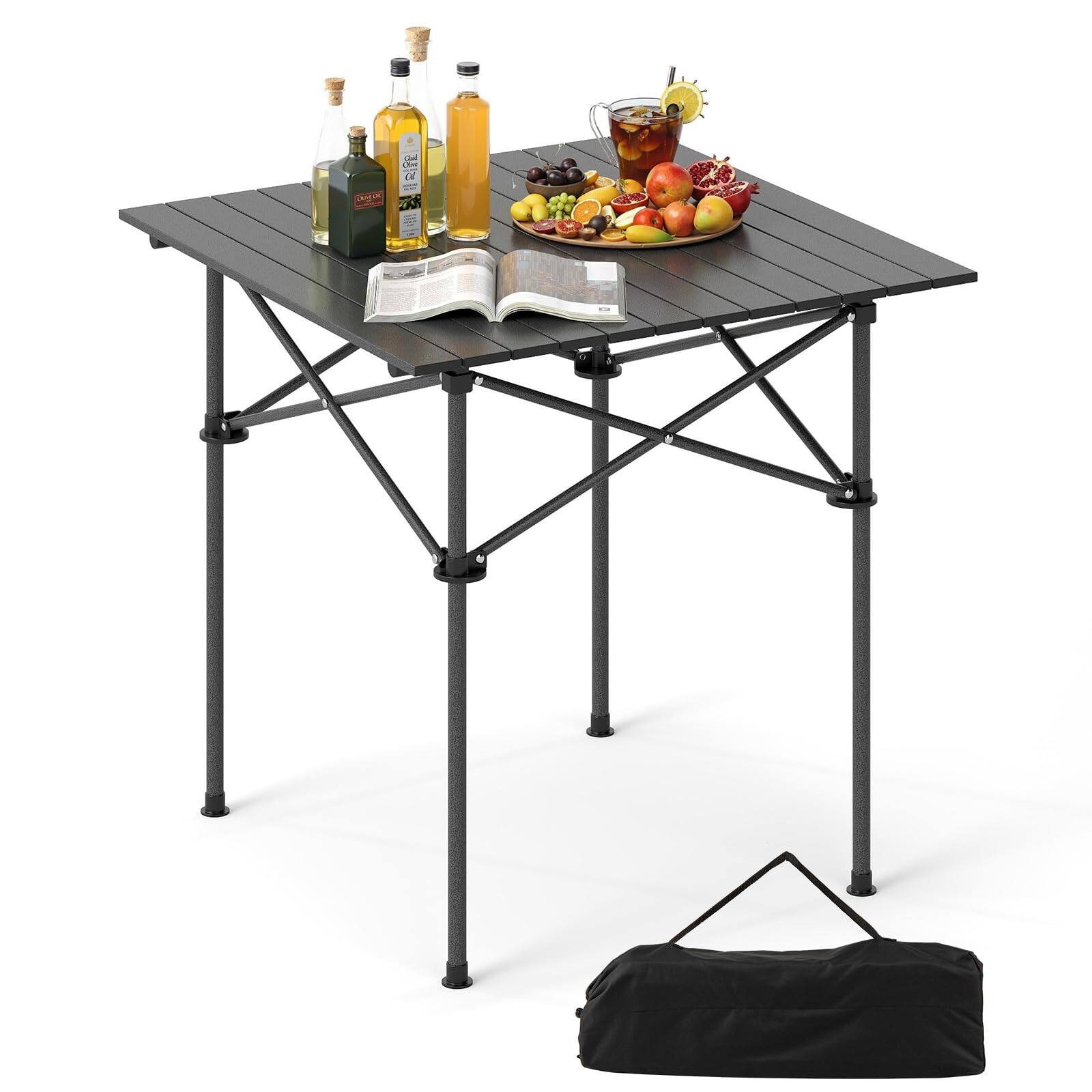Front. Ecooso - Folding Roll Up Camping Table with Metal Legs - Black/Silver.