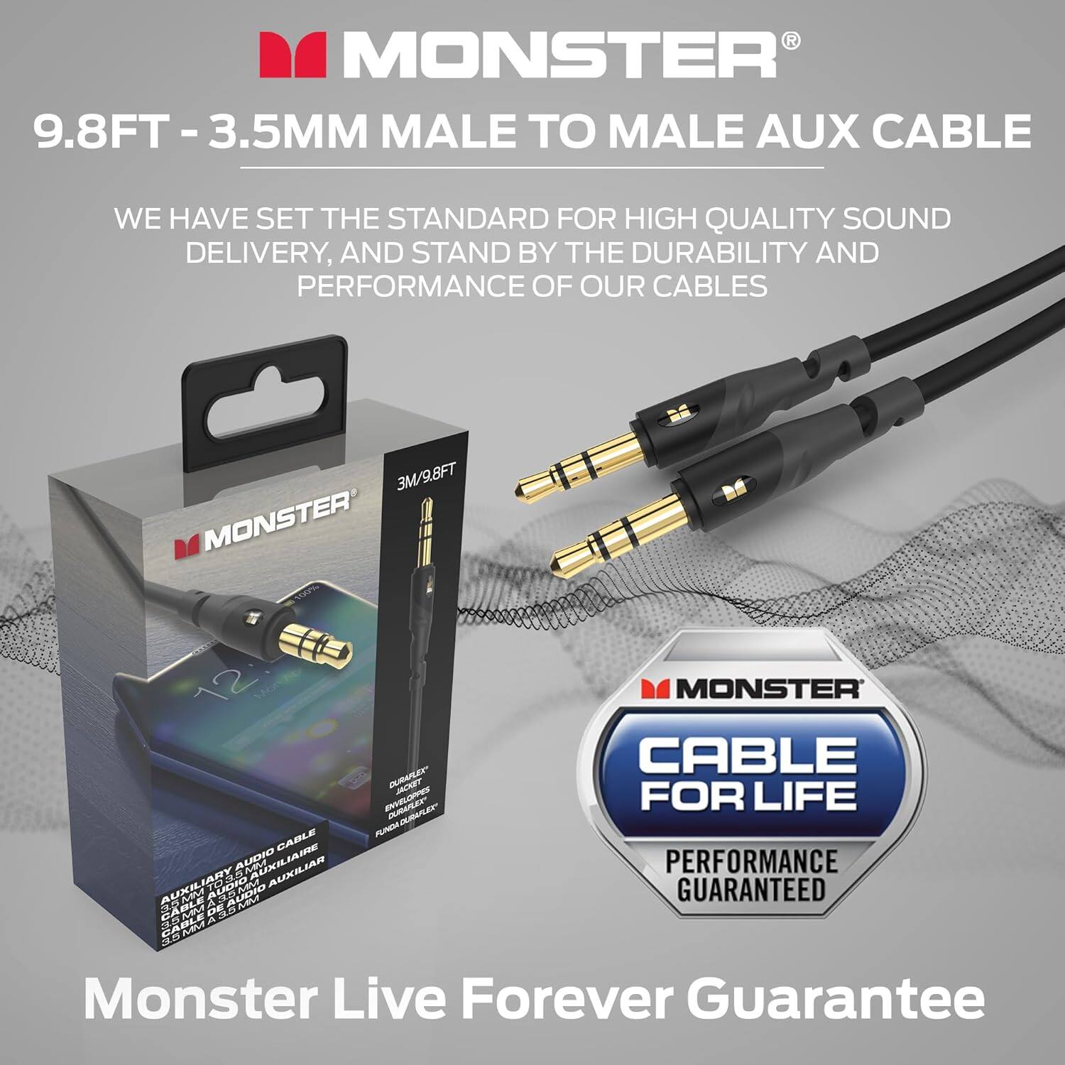 R MONSTER 9.8FT-3.5MM MALE TO MALE AUX CABLE WE HAVE SET THE STANDARD FOR HIGH QUALITY SOUND DELIVERY, AND STAND BY THE DURABILITY AND PERFORMANCE OF OUR CABLES 3M/9.8FT MONSTER CABLE DUALES FUNDA CABLE AUXIIAR PERFORMANCE AUXILIARY DABLE ARODA AUDIO DEAUDIO M GUARANTEED CABLE A M Monster Live Forever Guarantee