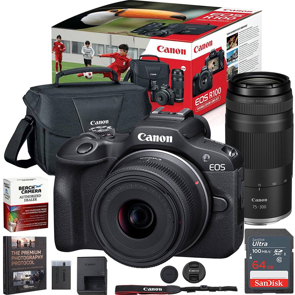 Bundle - Canon - EOS R100 Camera Double Zoom Lens Kit w/RF-S18-45/RF75-300mm + 128GB