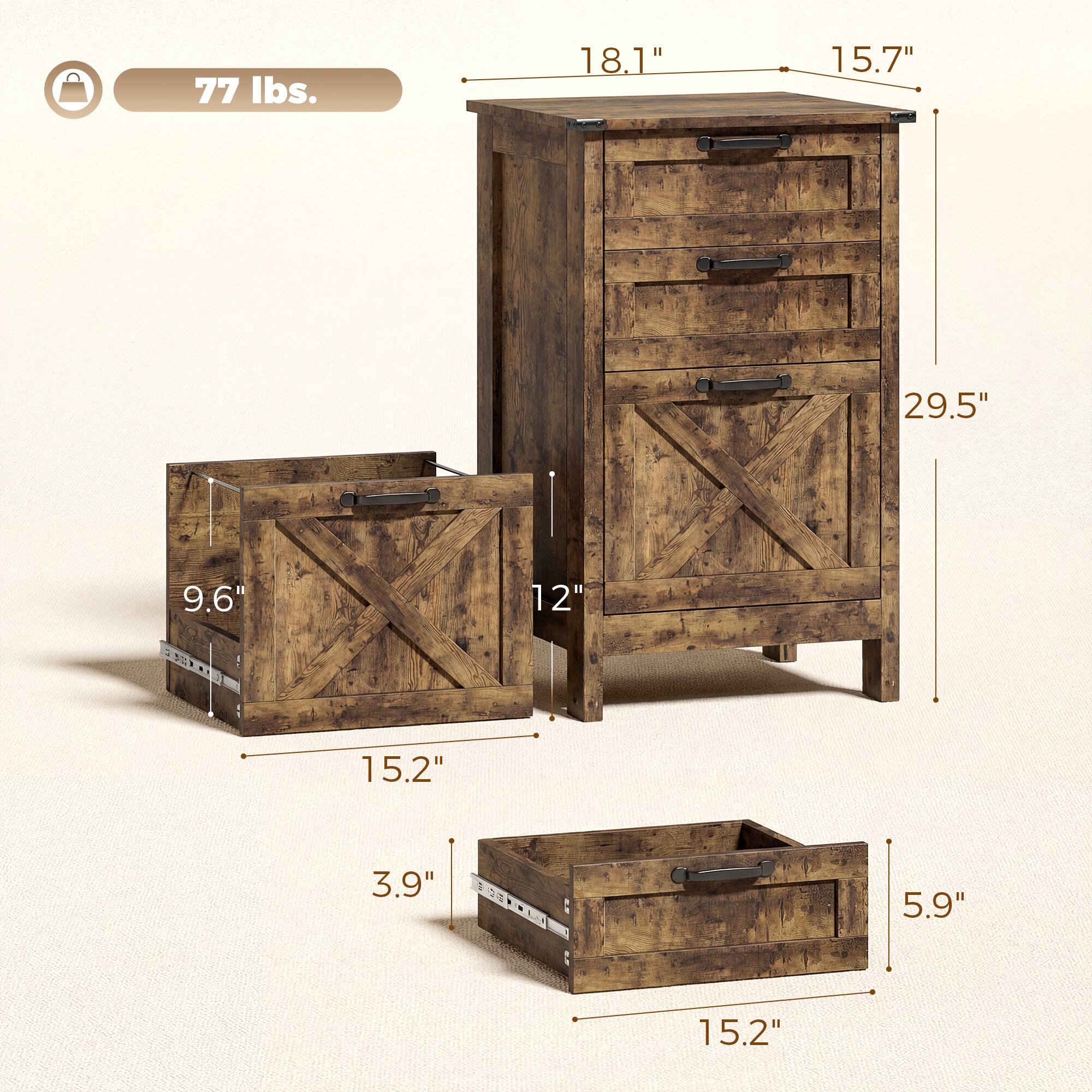 77 lbs.  
18.1" x 15.7" x 29.5"  
9.6" x 12" x 15.2"  
3.9" x 5.9" x 15.2"