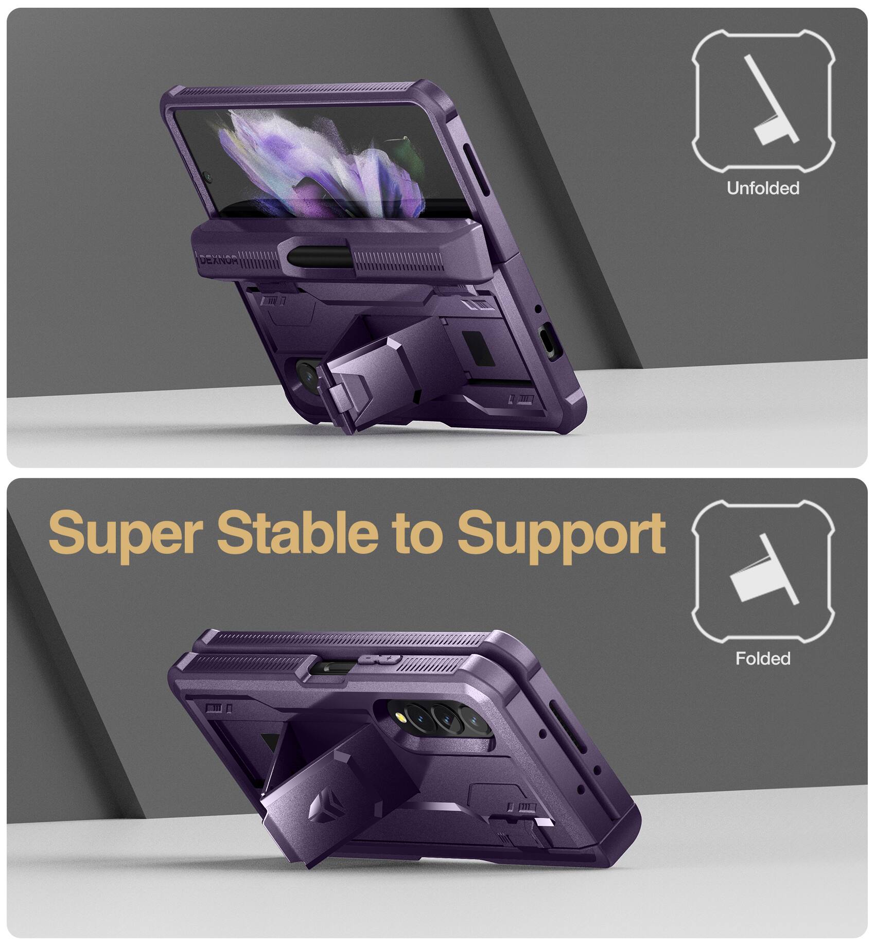 1. Unfolded DEANUR Super Stable to Support
2. Folded AU1E