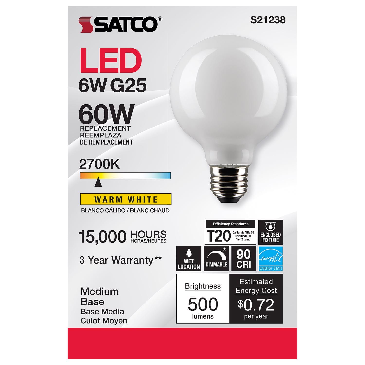 SATCO - G25 E26 (Medium) Filament LED Bulb Warm White 60 Watt Equivalence 1 pk price history on PriceWatchPro