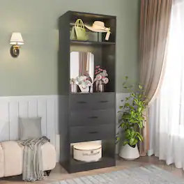 Aheaplus - 25 Inch Closet System with 4 Wooden Drawers, Freestanding Closet Organizer with Mirror & Storage Shelves - Black