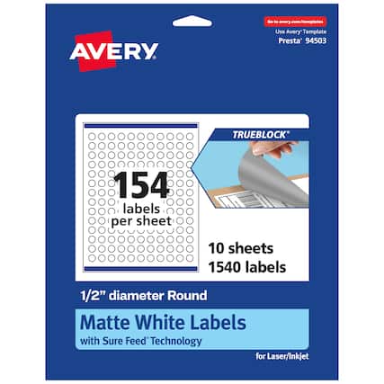 Go to avery.com/templates
AVERY
Use Avery™ Template Presta™ 94503
TRUEBLOCK®
154 labels per sheet
10 sheets
1540 labels
1/2" diameter Round Matte White Labels with Sure Feed® Technology for Laser/Inkjet