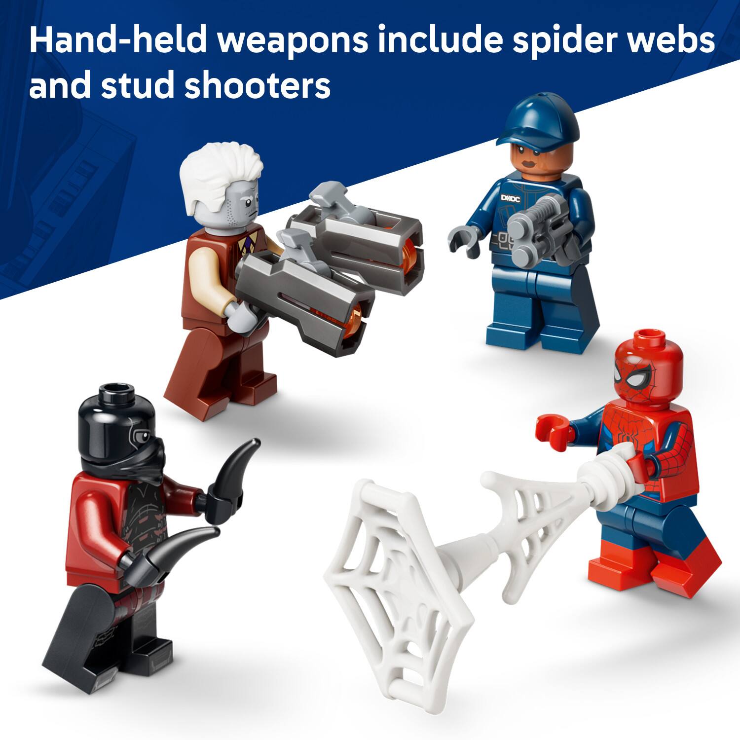 Hand-held weapons include spider webs and stud shooters