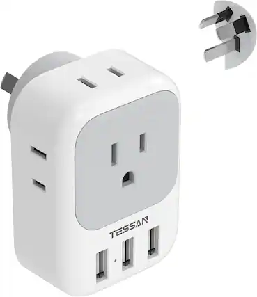 Front. Wikistore - Australia New Zealand Power Plug Adapter 4 AC Outlets 3 USB Ports Type I Travel Adaptor - White.