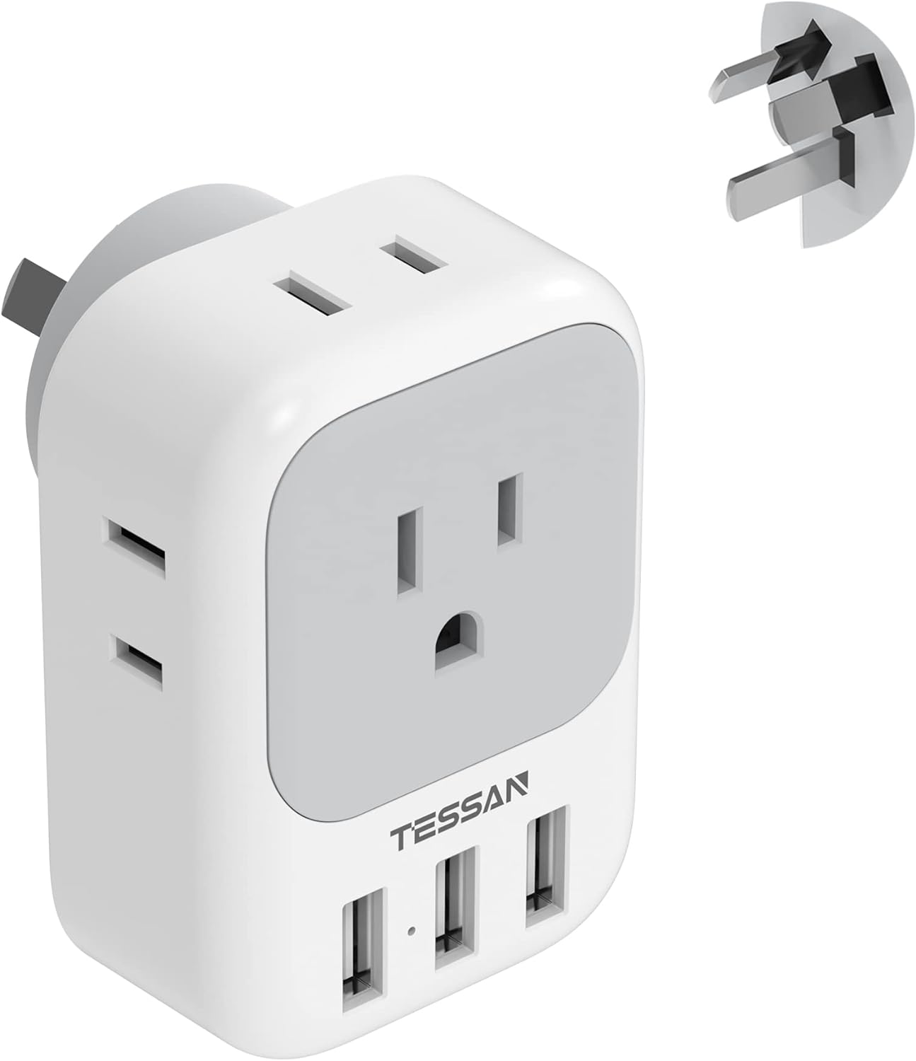 Wikistore - Australia New Zealand Power Plug Adapter 4 AC Outlets 3 USB Ports Type I Travel Adaptor - White