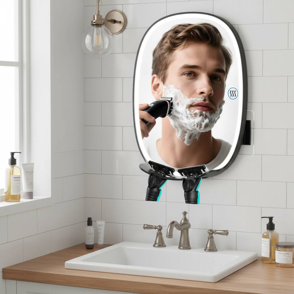 Alt View 1. Dazzed Corner - Heated Fogless Shower Mirror for Shaving, 360° Adjustable with 2 Razor Holders - Black.