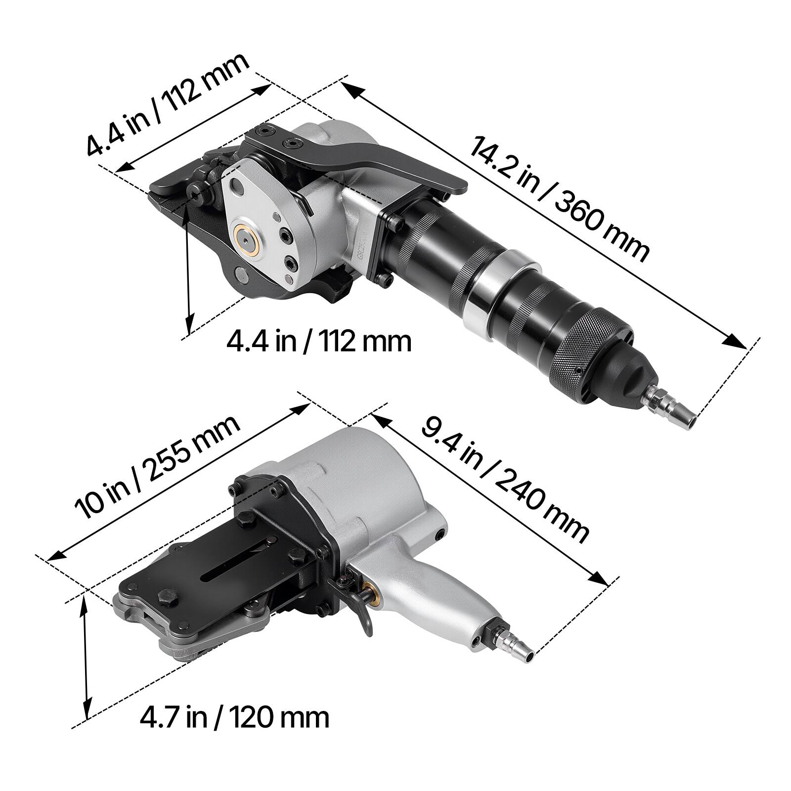 4.4 in / 112 mm  
14.2 in / 360 mm  
9.4 in / 240 mm  
10 in / 255 mm  
4.7 in / 120 mm