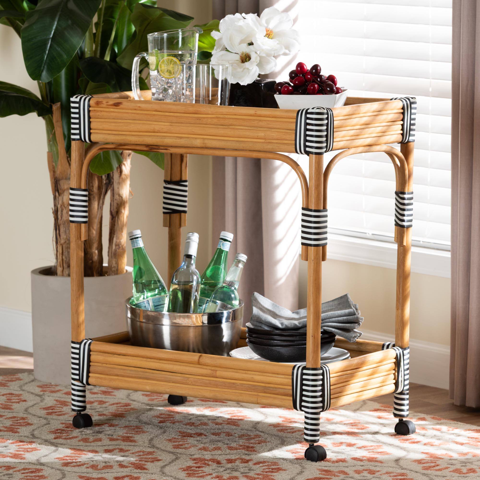 Alt View 3. bali & pari - Carmine Natural Rattan Kitchen Cart - 2-Tier Handwoven Wicker Storage Trolley with Raised Borders for Kitchen or Lounge - Natural Rattan.