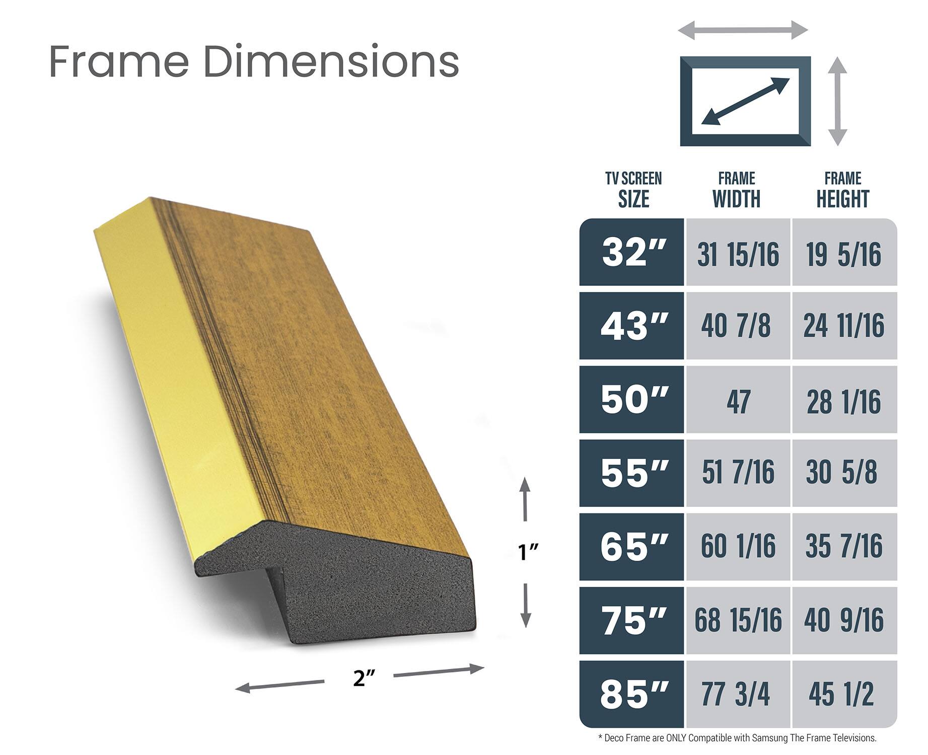 Frame Dimensions:

* 32" TV Screen Size: 31 15/16" Frame Width, 19 5/16" Frame Height
* 43" TV Screen Size: 40 7/8" Frame Width, 24 11/16" Frame Height
* 50" TV Screen Size: 47 28 1/16" Frame Width, 55" 51 7/16" Frame Height
* 55" TV Screen Size: 51 7/16" Frame Width, 30 5/8" Frame Height
* 65" TV Screen Size: 60 1/16" Frame Width, 35 7/16" Frame Height
* 60" TV Screen Size: 68 15/16" Frame Width, 40 9/16" Frame Height
* 75" TV Screen Size: 77 3/4" Frame Width, 45 1/2" Frame Height
* 85" TV Screen Size: 85" 77 3/4" Frame Width, 2" Frame Height

Note: Deco Frame are ONLY Compatible with Samsung The Frame Televisions.