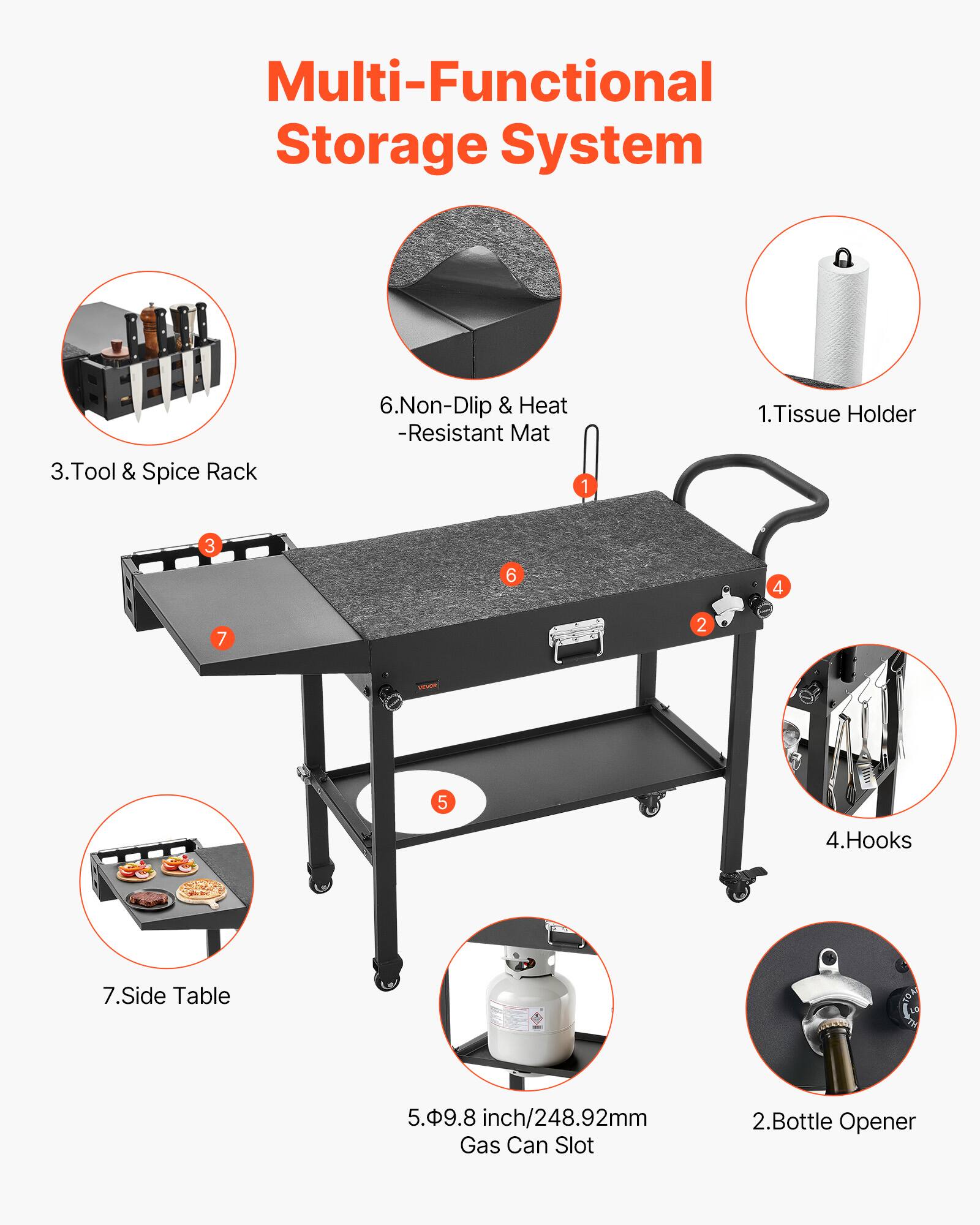 Multi-Functional Storage System

1. Tissue Holder
2. Bottle Opener
3. Tool & Spice Rack
4. Hooks
5. 9.8 inch/248.92mm Gas Can Slot
6. Non-Drip & Heat-Resistant Mat
7. Side Table