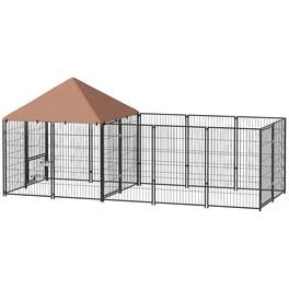 Pawhut - Outdoor Dog Kennel with Rotating & Adjustable Height Bowls, Waterproof & UV-Resistant Canopy - Coffee