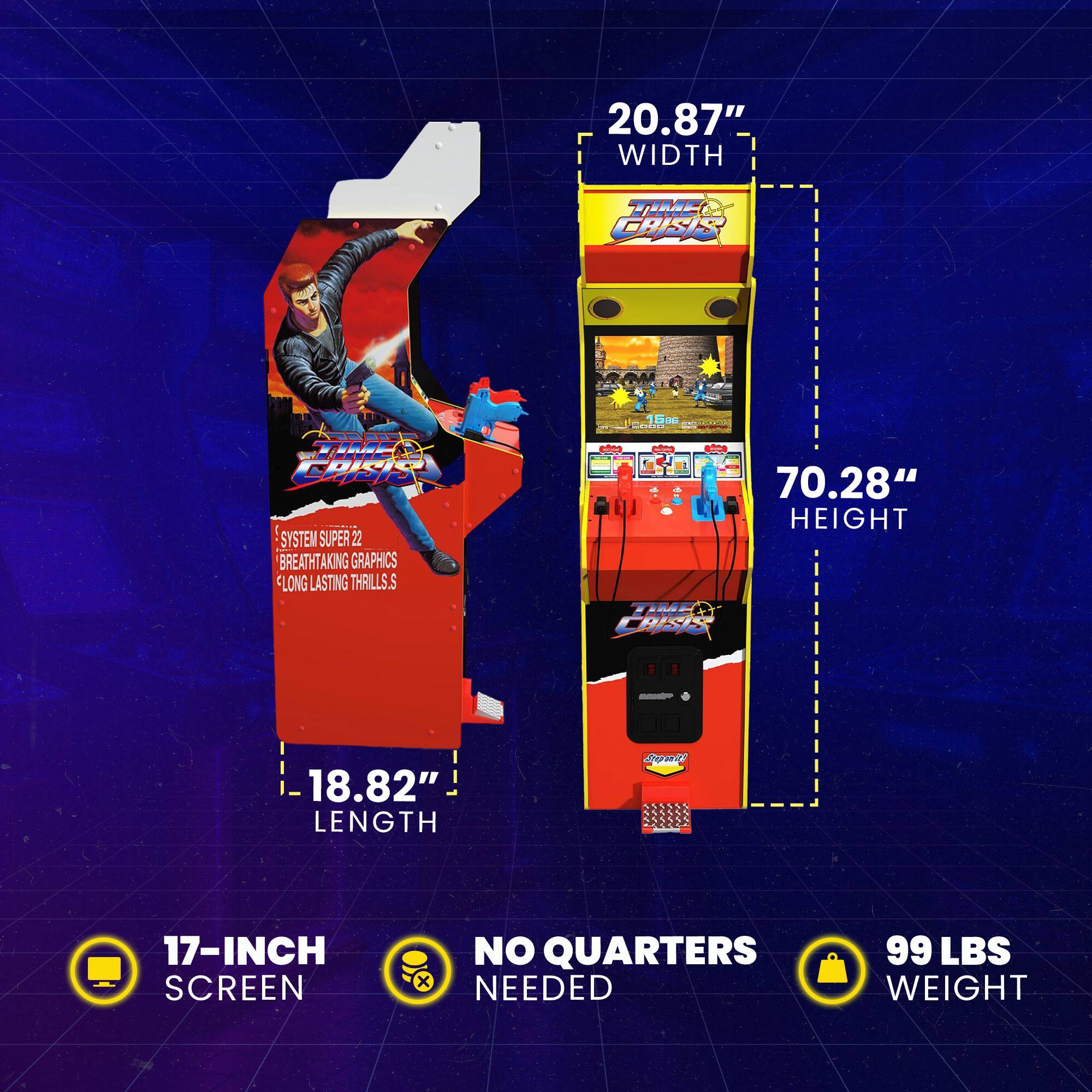 - **Width:** 20.87"
- **Height:** 70.28"
- **Length:** 18.82"
- **Screen Size:** 17-inch
- **System:** Super 22
- **Features:** Breathtaking graphics, long-lasting thrills
- **No Quarters Needed**
- **Weight:** 99 lbs