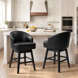 Crestlive Products - 2PC 26.5" Swivel Faux Leather Upholstered Counter Stool with Solid Wood Legs - Black