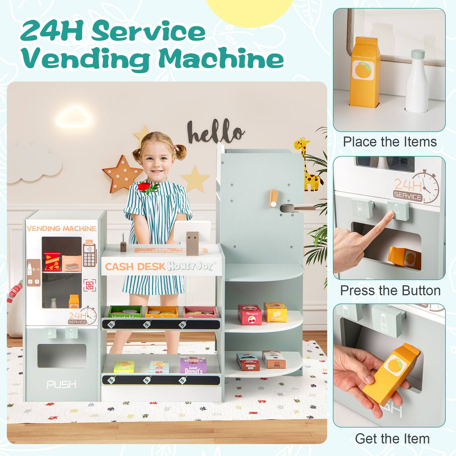 24H Service Vending Machine

hello

Place the Items

Press the Button

Get the Item

VENDING MACHINE

CASH DESK HoneyJoy

24H SERVICE

PUSH