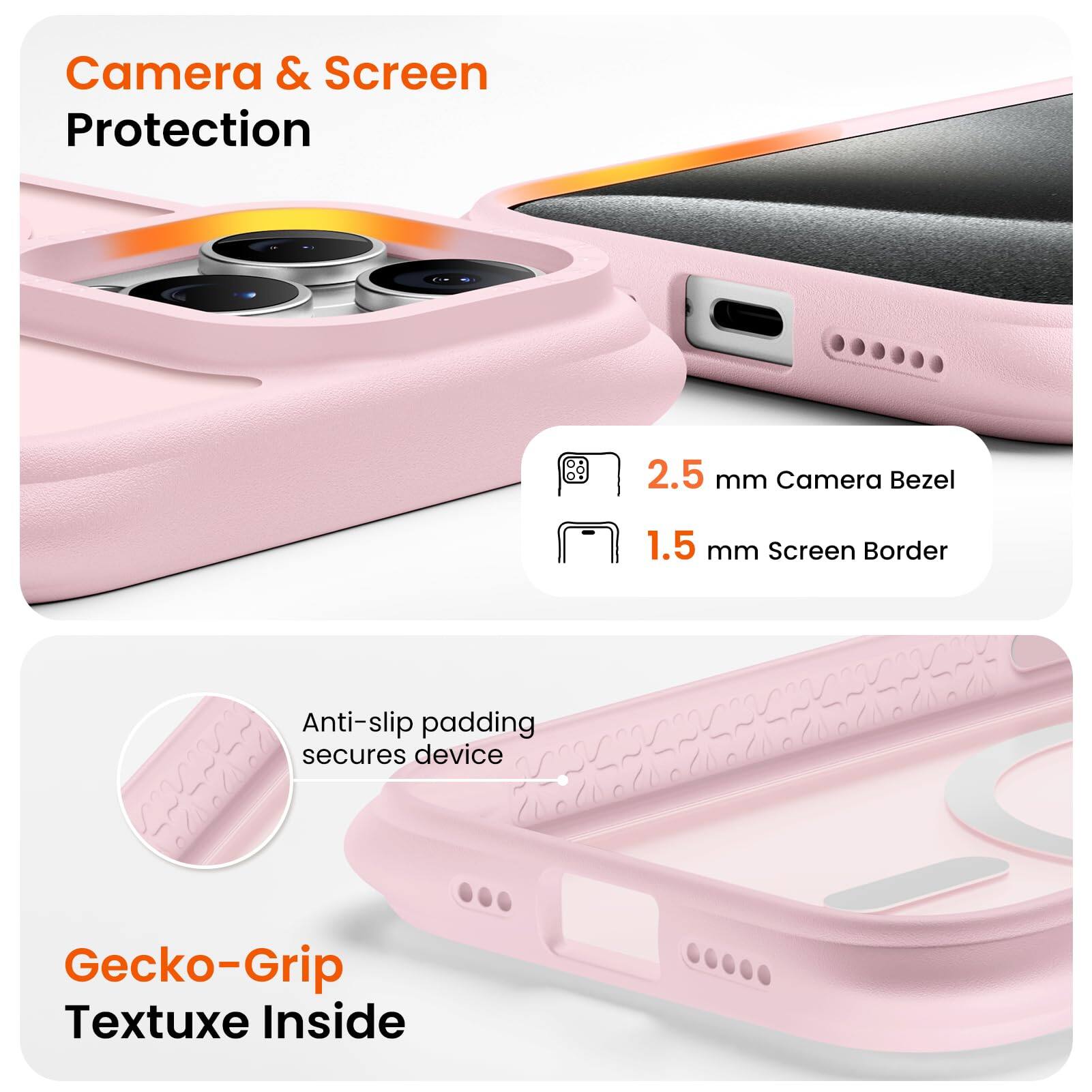 Camera & Screen Protection  
2.5 mm Camera Bezel  
1.5 mm Screen Border  
Anti-slip padding secures device  
Gecko-Grip Textuxe Inside