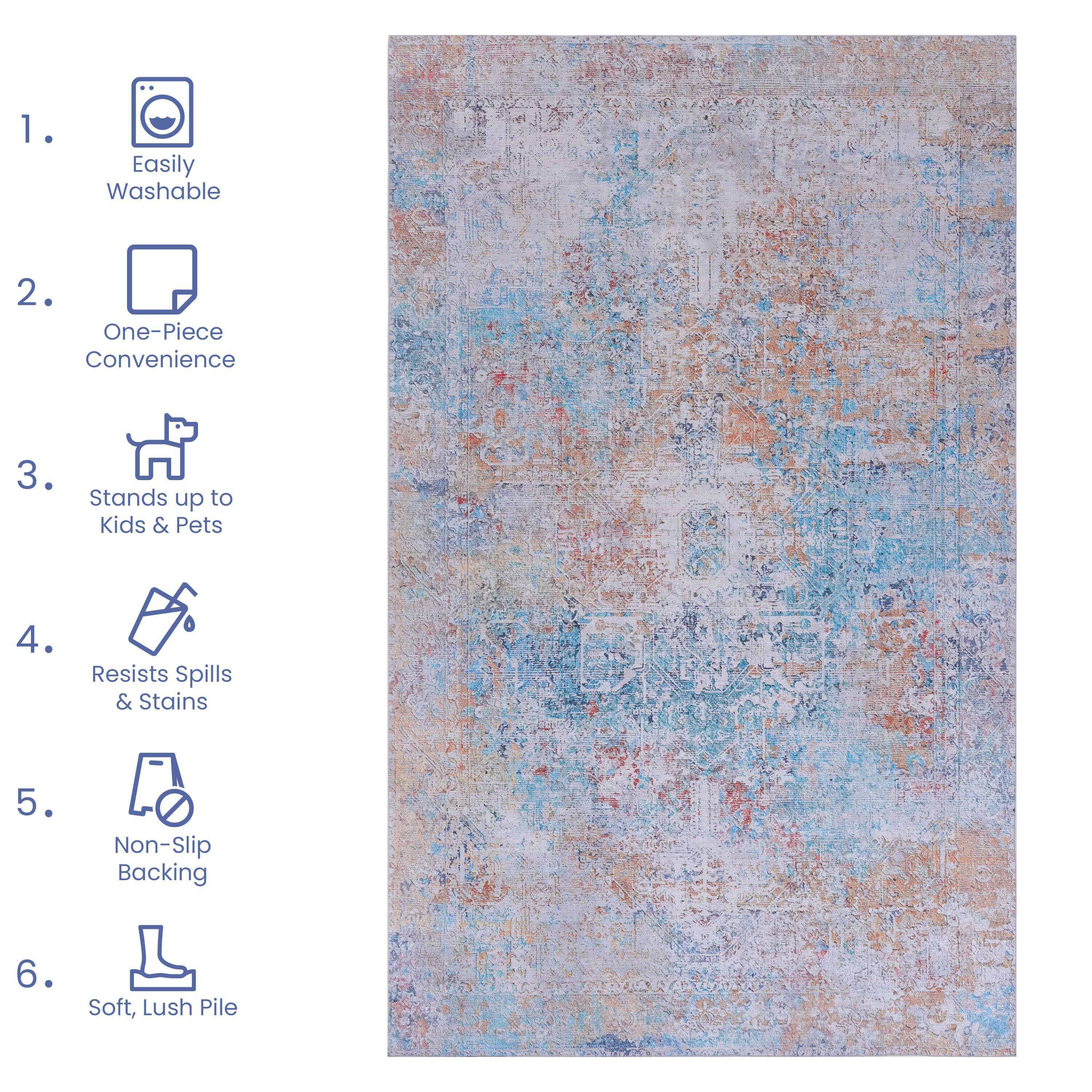 1. Easily Washable
2. One-Piece Convenience
3. Stands up to Kids & Pets
4. Resists Spills & Stains
5. Non-Slip Backing
6. Soft, Lush Pile