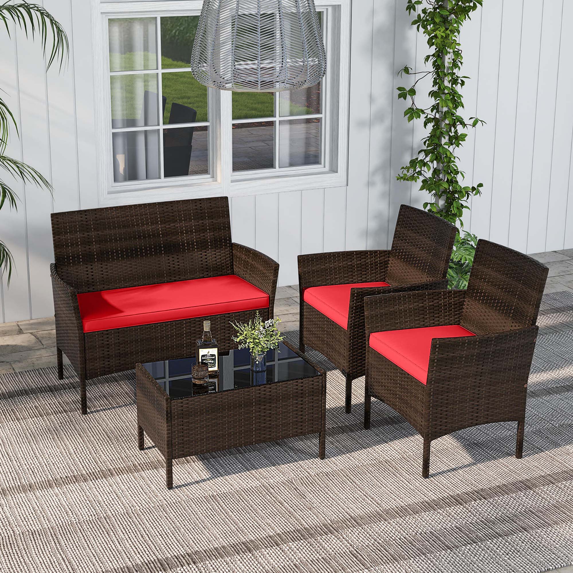 Alt View 1. Costway - 8 PCS Patio Furniture Set with Washable Cushions and Tempered Glass Coffee Table - Mix Brown,Red.