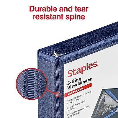 Durable and tear resistant spine

Staples
3-Ring View Binder
Standard Duty

1. Perfect binder for your everyday needs
2. Tabs for easy organization
3. 2 tabs close fat and keep pages flat
4. D-Rings fit more pages